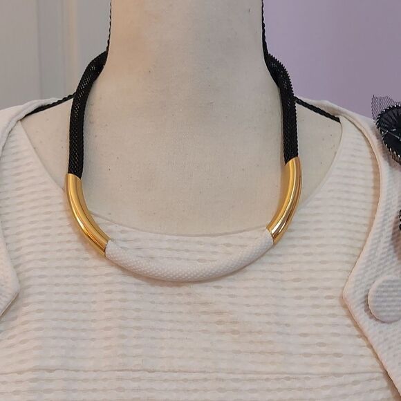 Trina Turk Jewelry - Trina Turk Colorblock Necklace Black Mesh Gold Tone Metal White Faux Leather